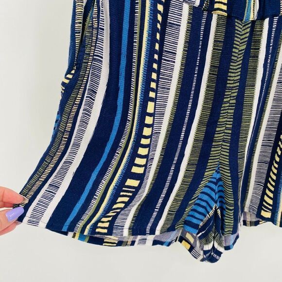 LOFT Lounge Size Medium Blue & Yellow Striped Off The Shoulder Romper w/ Pockets - Picture 5 of 10